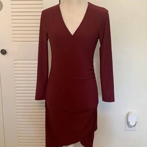 Leith Ruched Burgundy wrap long sleeved dress